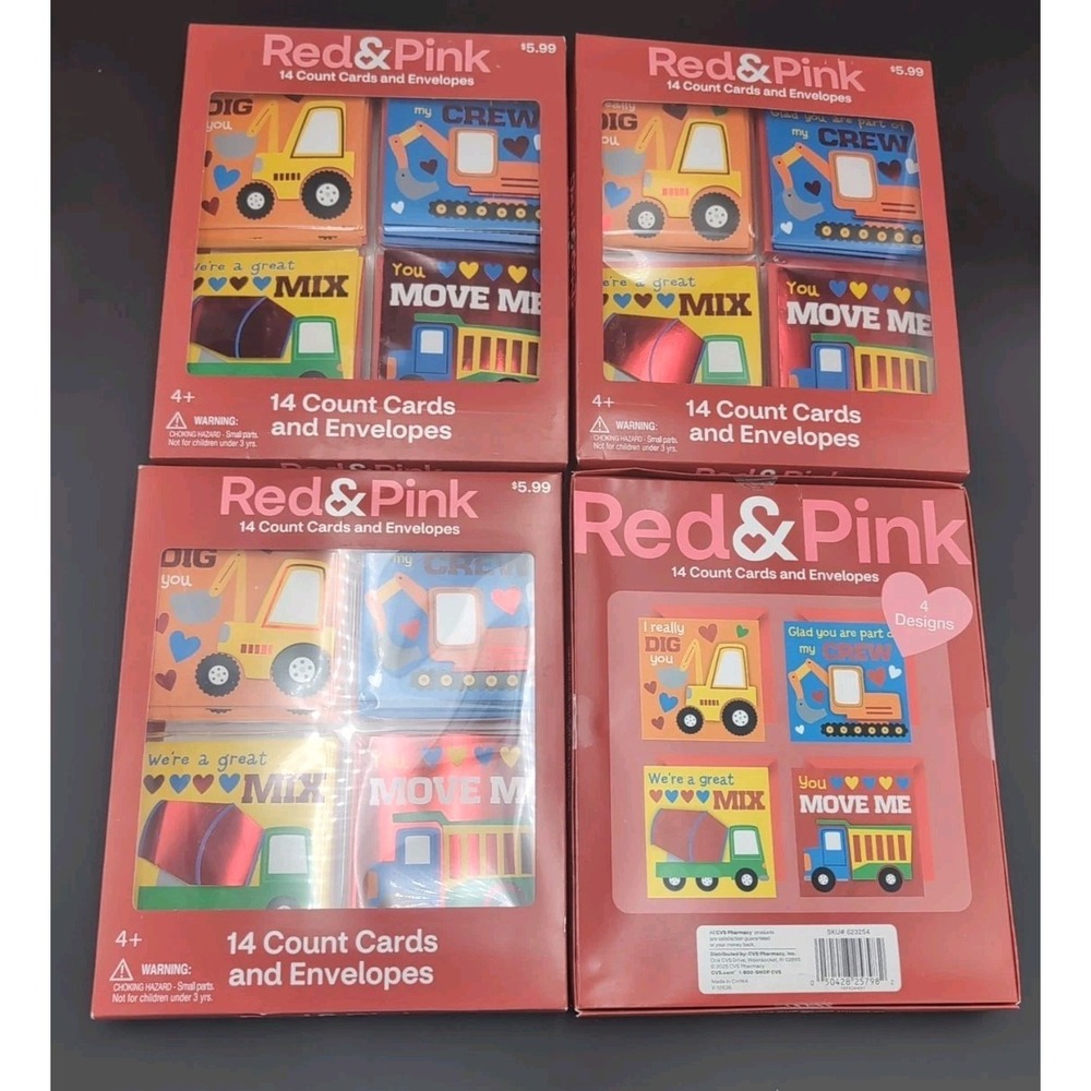 Red & Pink Pop Up Cards & Envelopes construction Lot of 4 Boxes = 56 Valentines